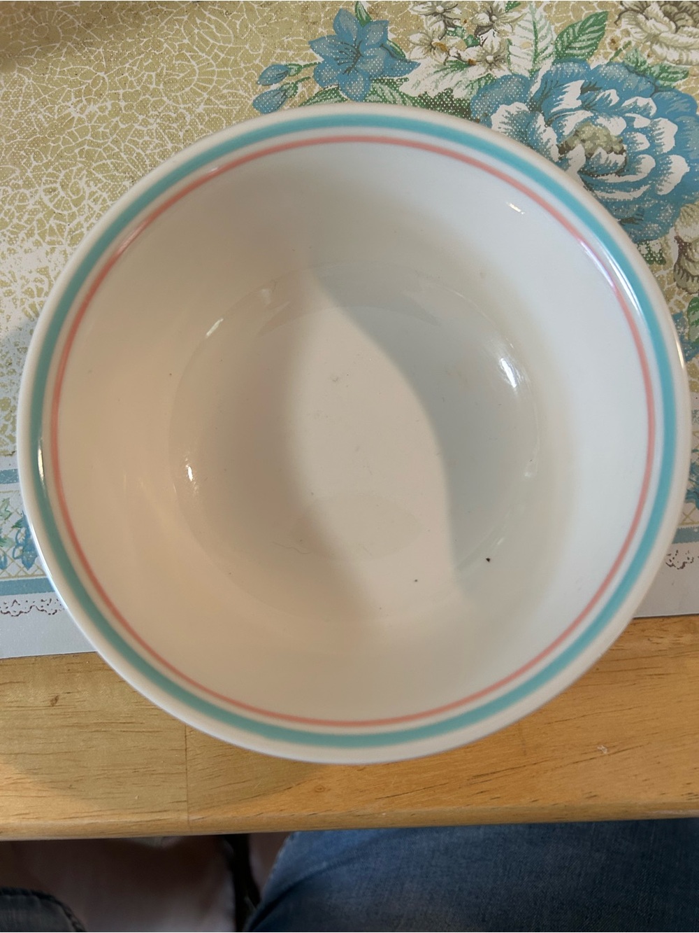 White Vintage Corelle cereal Bowl with Turquoise and Pink Rim 6.25x2”. 1 avail.